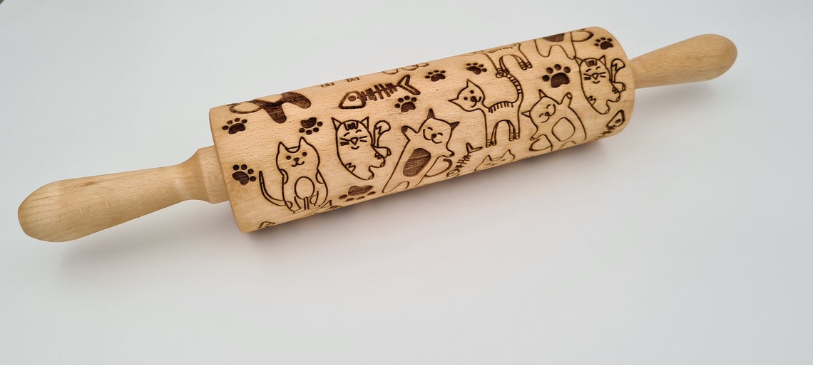 Engraved Rolling Pin Natural Wood Folk Kitchen Pins Handmade - Cats