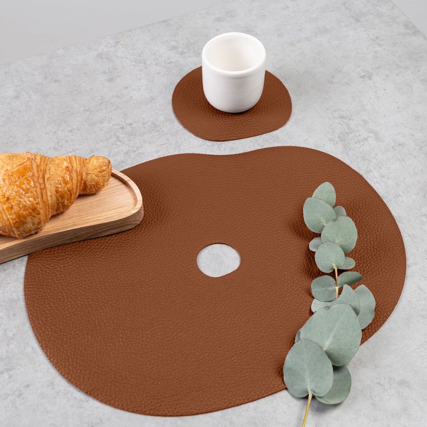 Natural leather placemat and coaster | rust brown