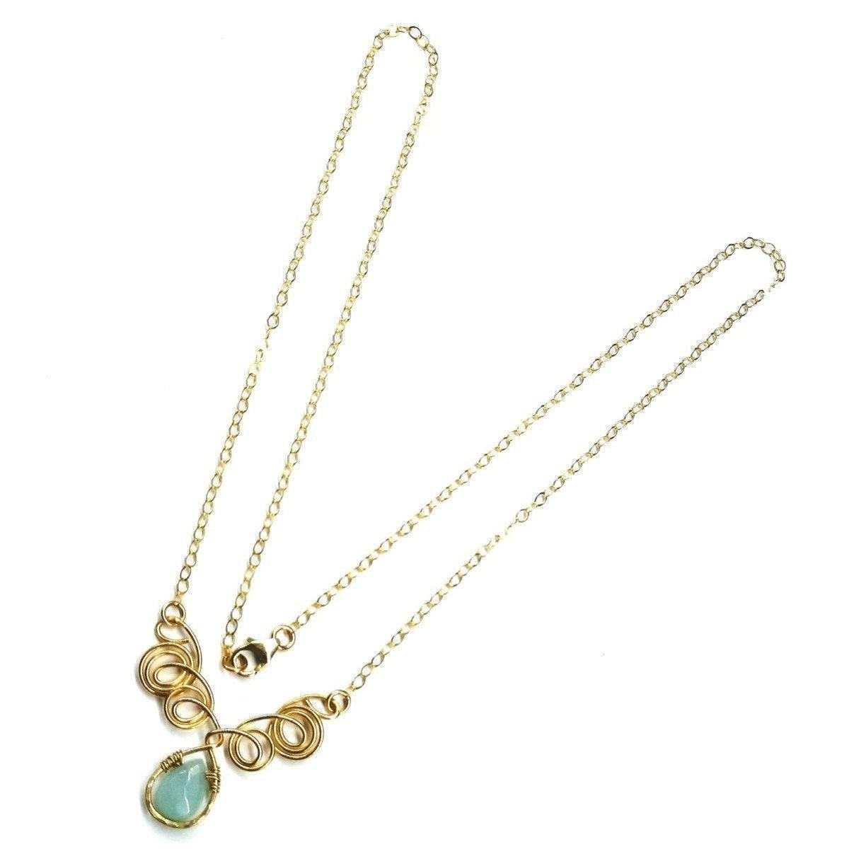 Gold Filled Wire Sculpted Mint Gemstone Drop Necklace