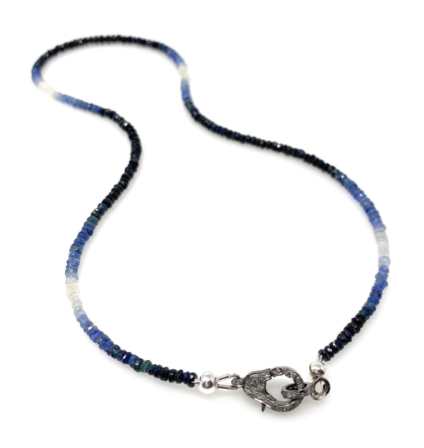 17.5” Genuine Shaded Blue Sapphire Necklace with Pave Diamond Clasp,