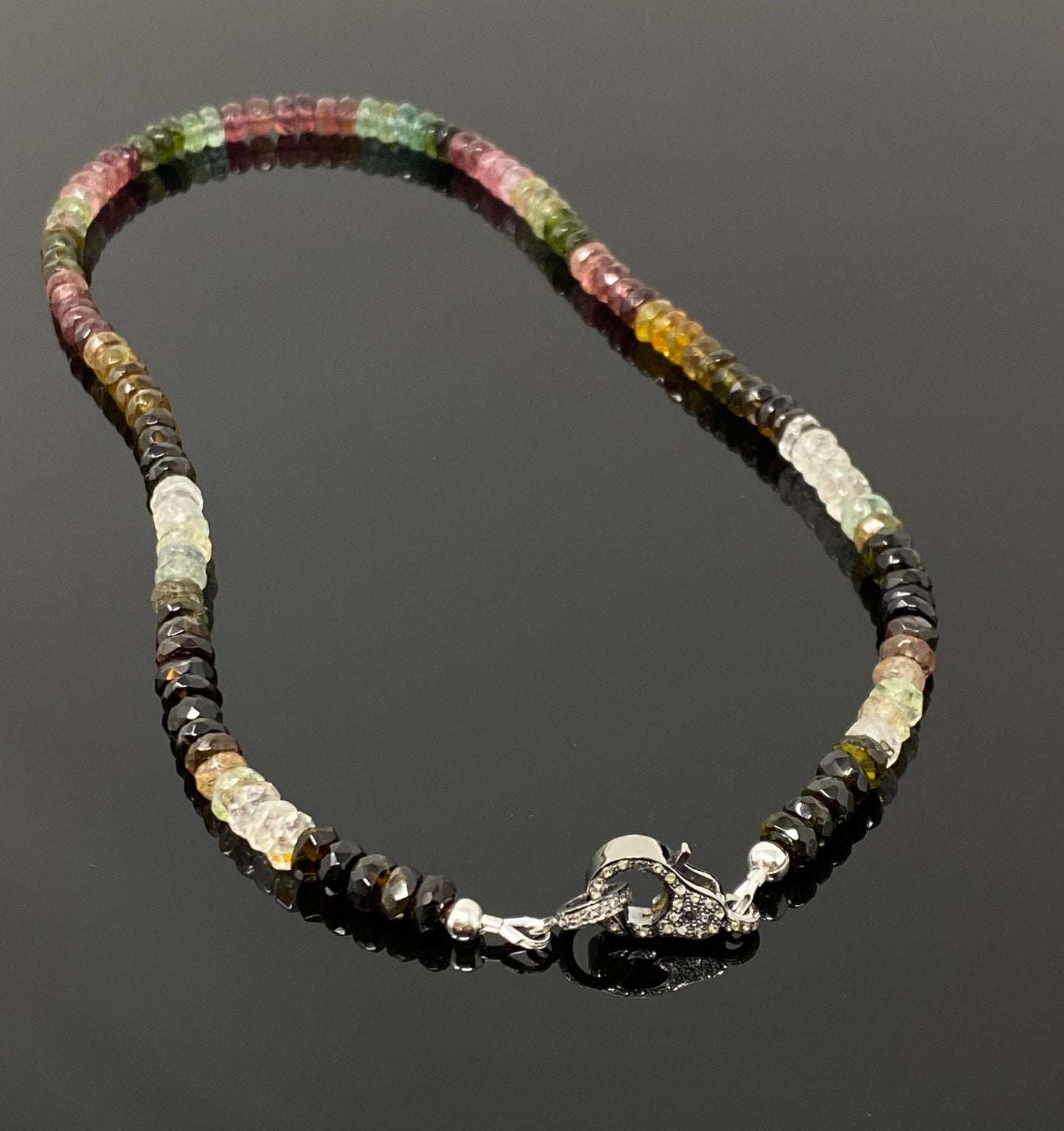 16.85” Natural Multi Tourmaline Necklace with Pave Diamond Clasp,